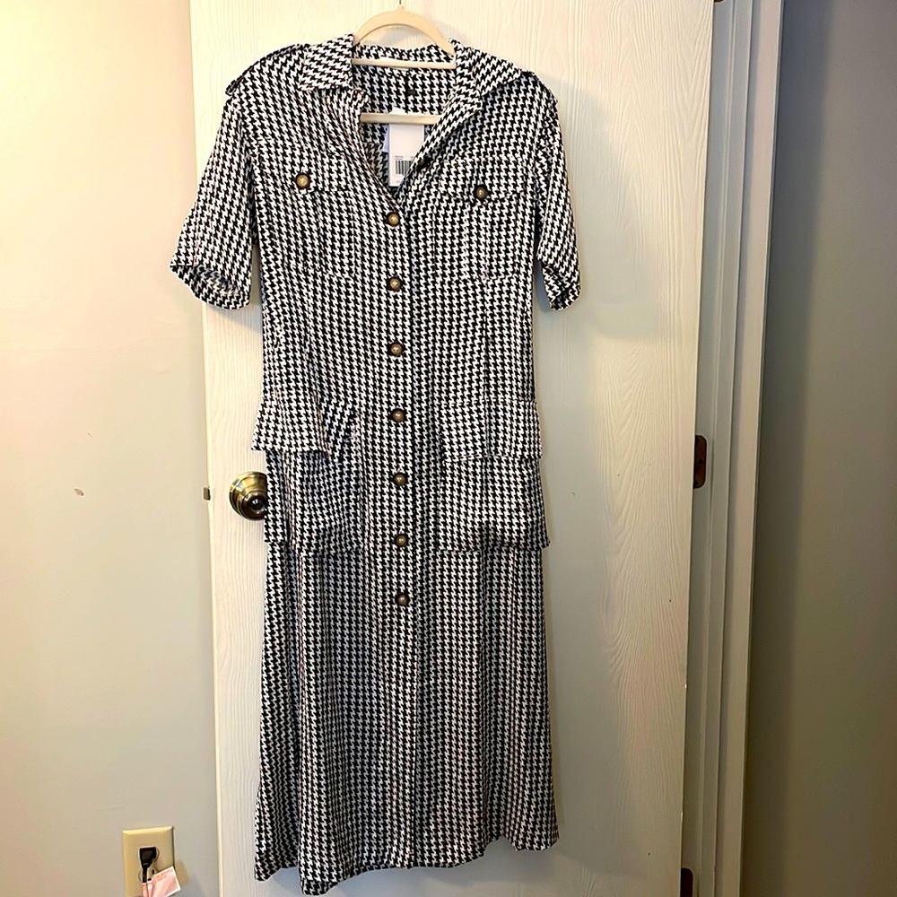 Silk Laundry Houndstooth Military Dress 100% silk